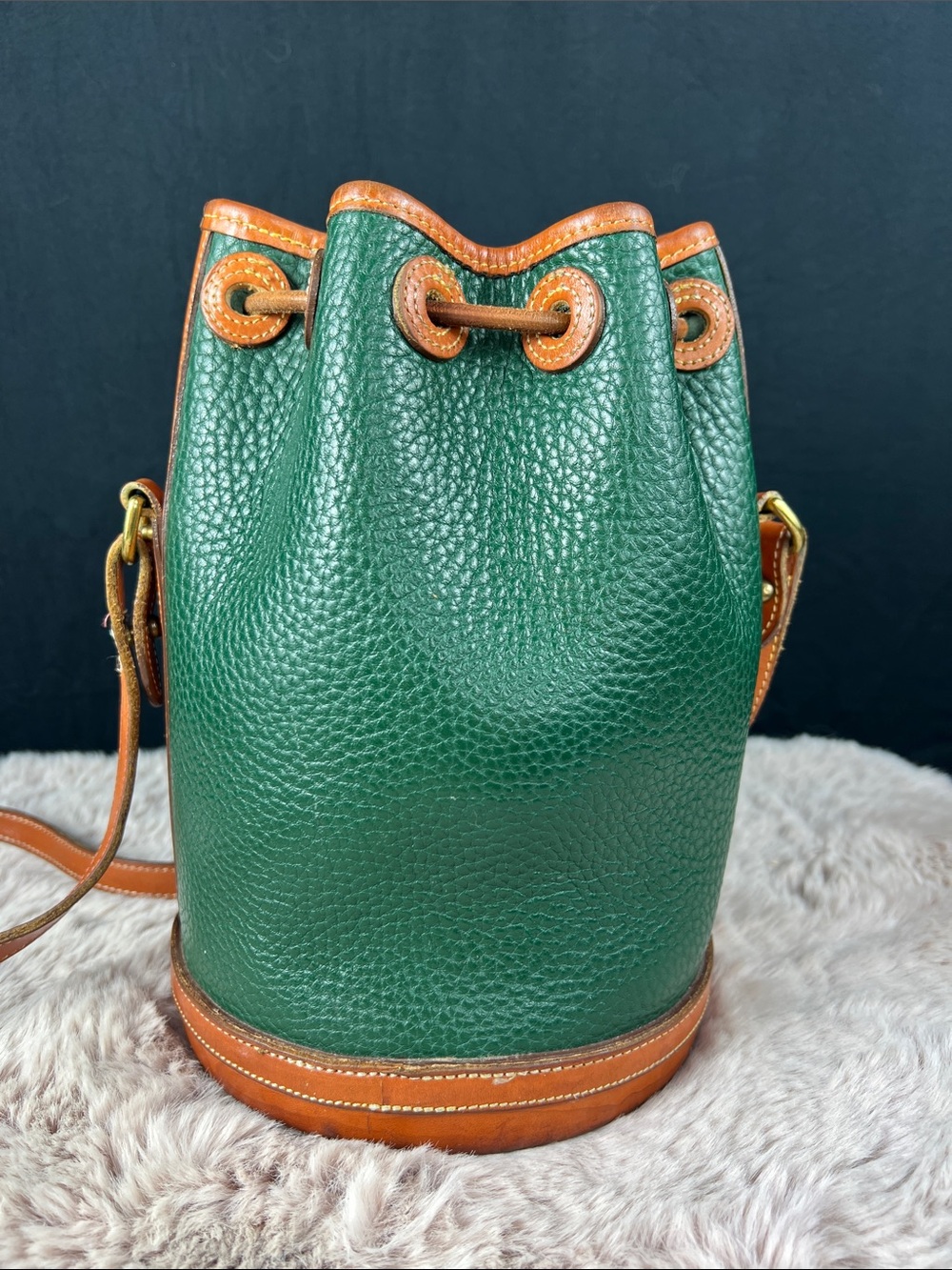 Dooney & Bourke Green and Brown Pebbled Leather Drawstring Crossbody Bag - Picture 2 of 12